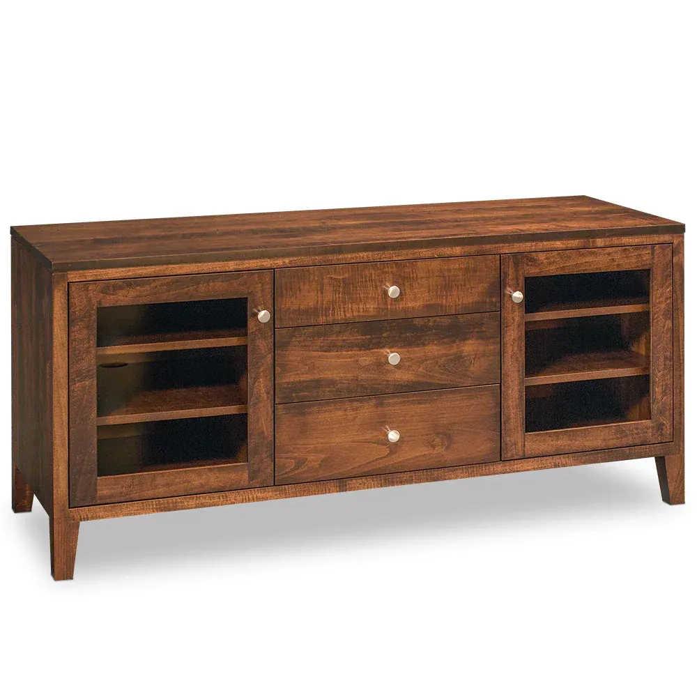 A wooden entertainment center with drawers and glass doors on a white background.