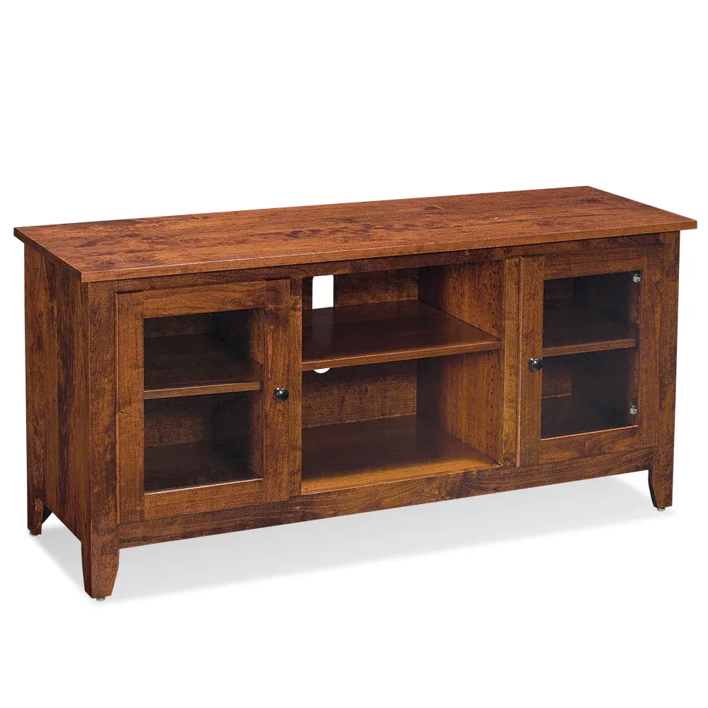 A wooden entertainment center with glass doors and shelves