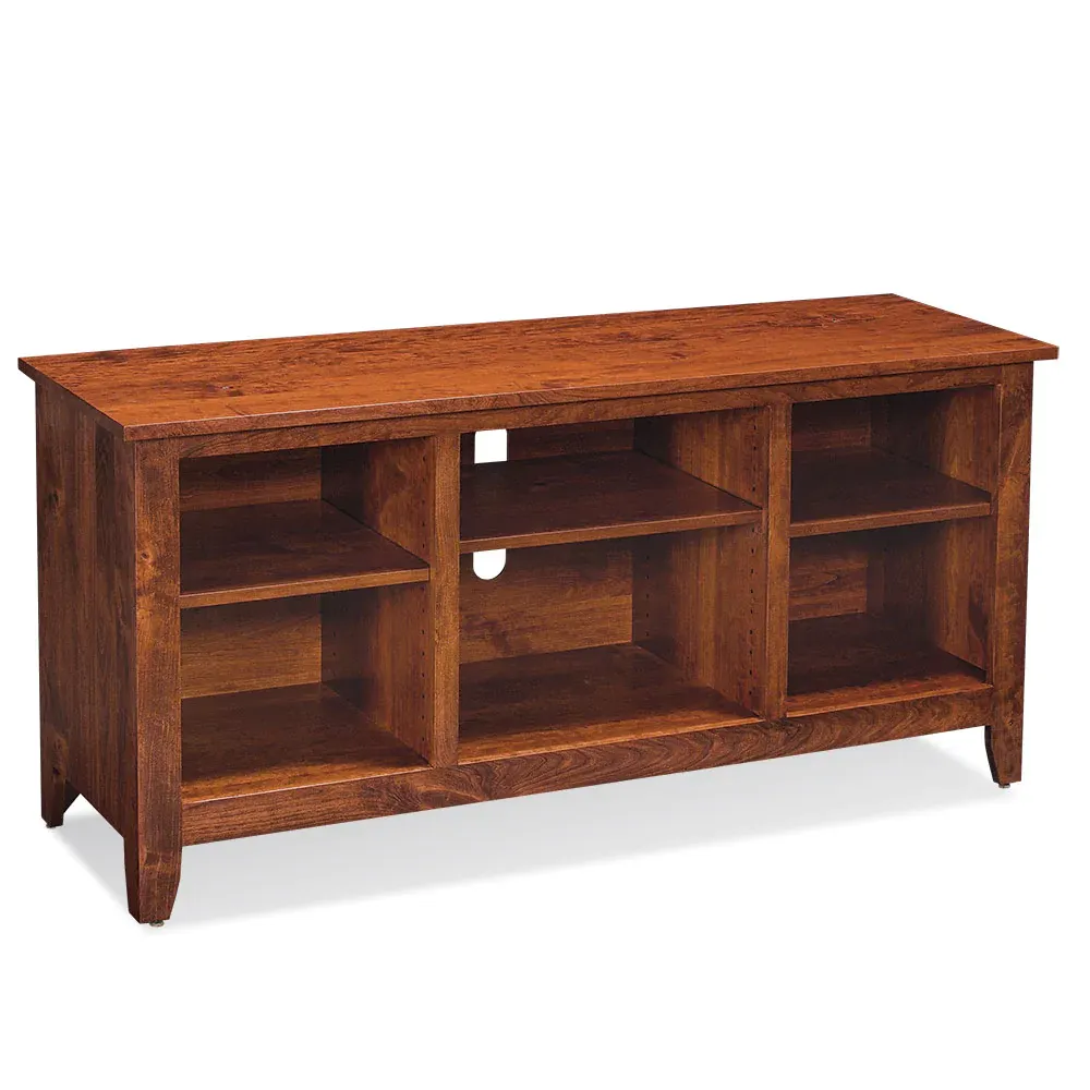 A wooden entertainment center with shelves on a white background