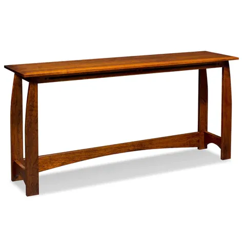 A long wooden table on a white background
