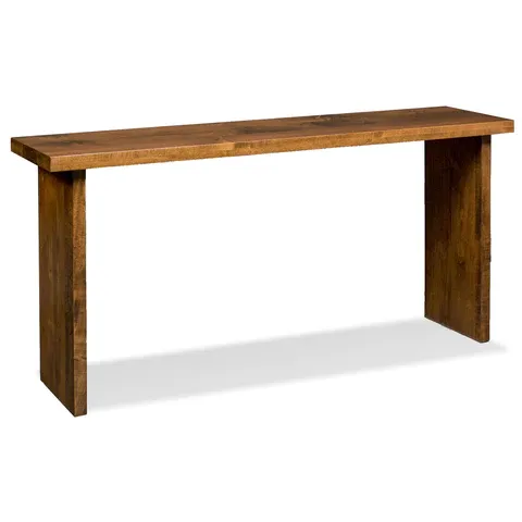 A long wooden table on a white background.