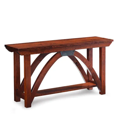A wooden table with a metal frame on a white background