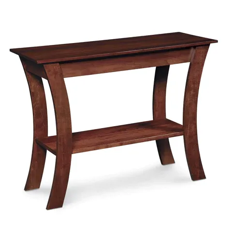 A wooden table with a shelf underneath it