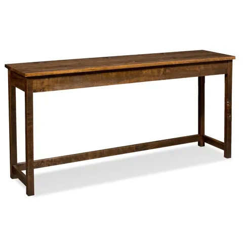 A long wooden table with a wooden top on a white background.