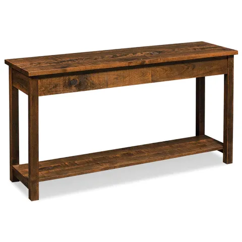 A wooden table with a shelf underneath it on a white background.