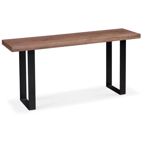 A wooden bench with black legs on a white background.
