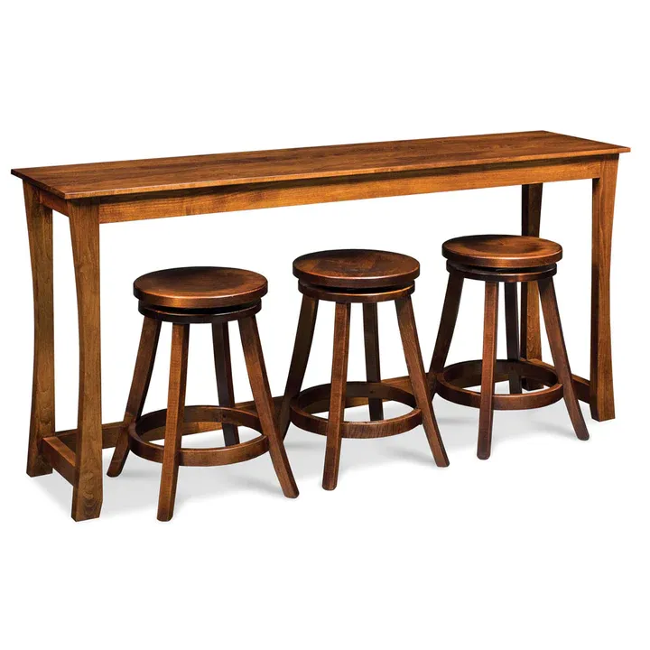 A wooden table with four wooden stools on it