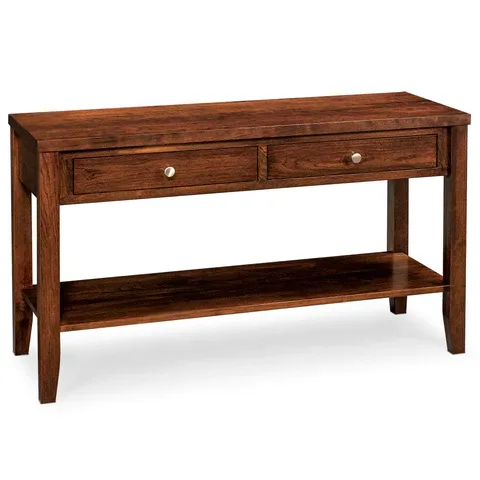 A wooden table with two drawers and a shelf on a white background.