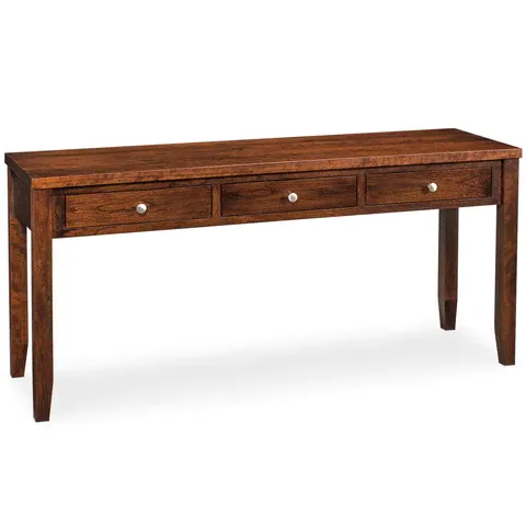 A wooden desk with three drawers on a white background.
