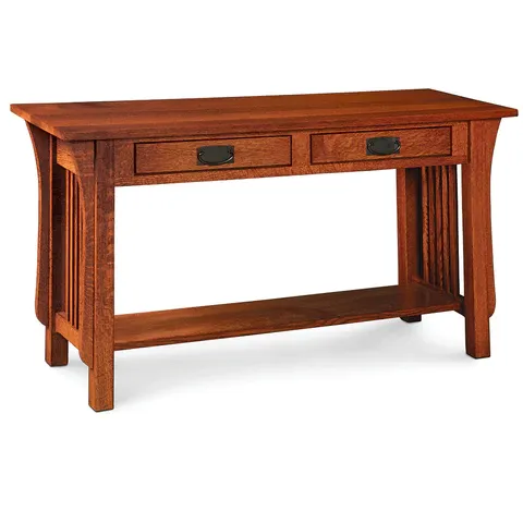 A wooden table with two drawers and a shelf underneath it