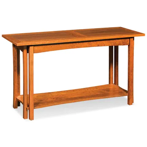 A wooden table with a shelf underneath it