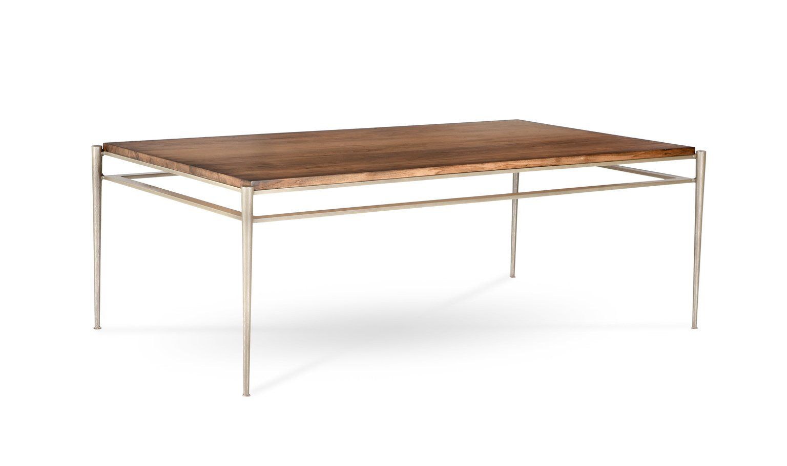 A wooden table with a metal frame on a white background.