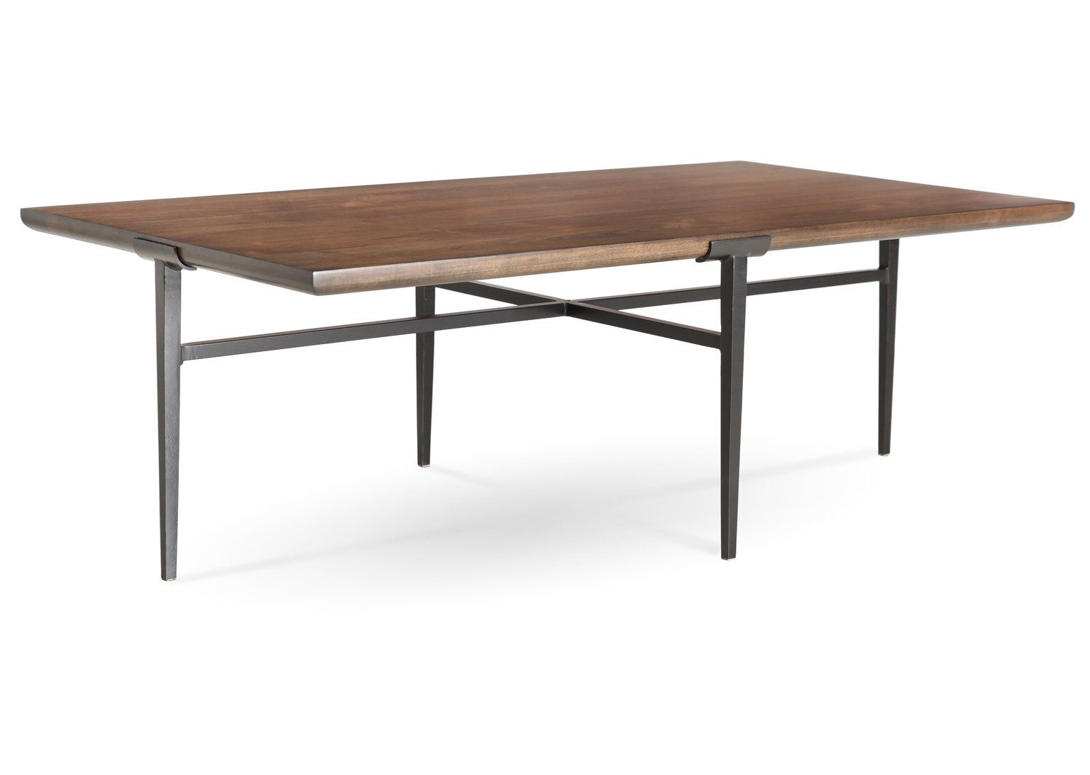 A wooden table with metal legs on a white background.