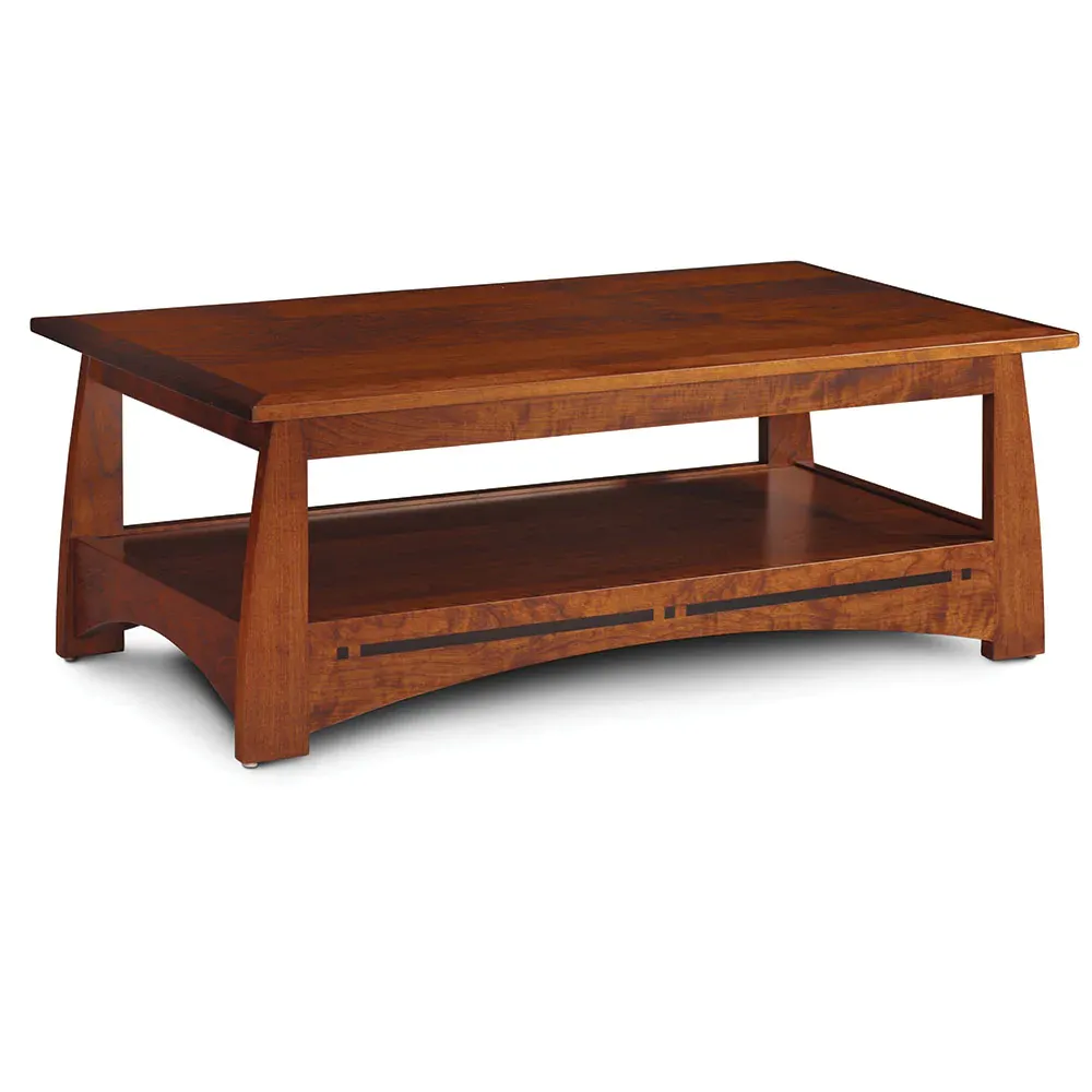 A wooden coffee table with a shelf underneath it