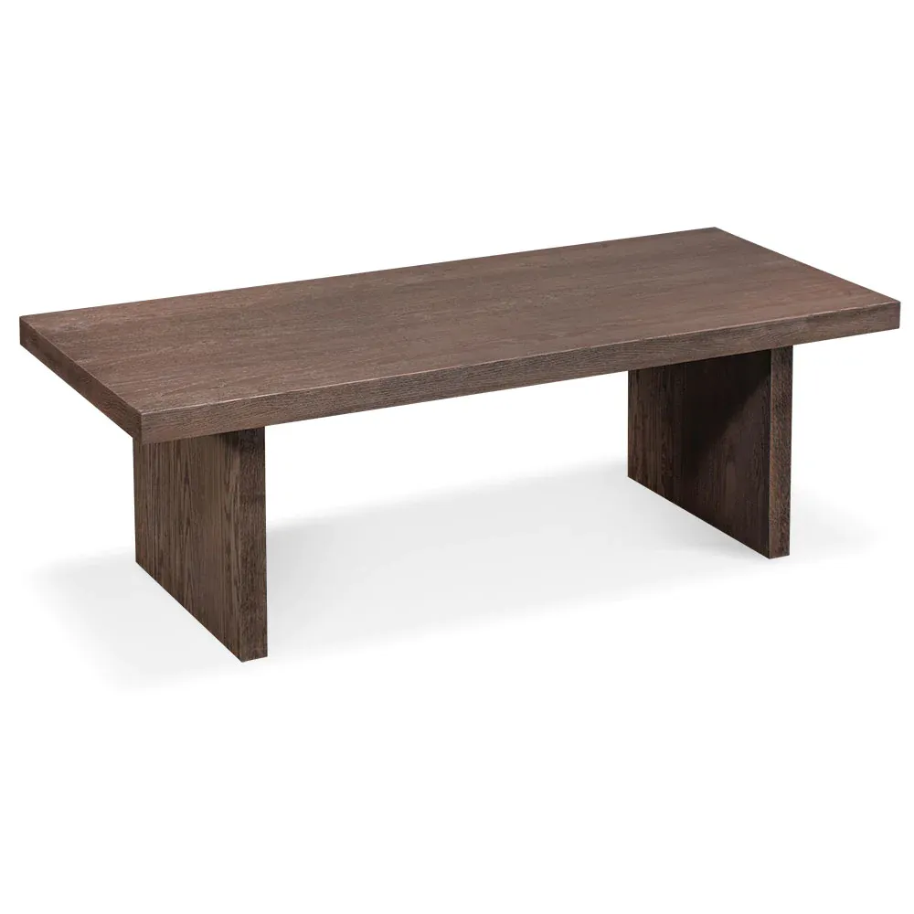 A wooden coffee table with two legs on a white background.