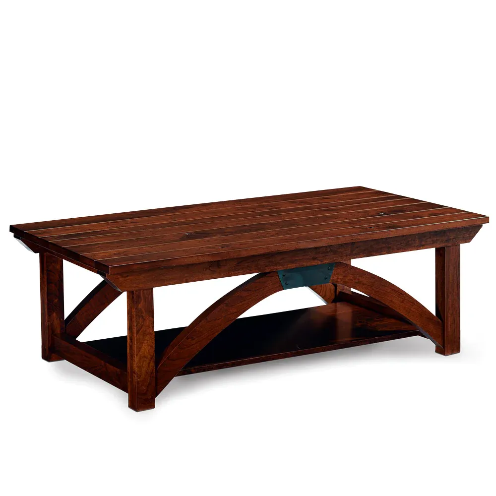 A wooden coffee table with a shelf underneath it