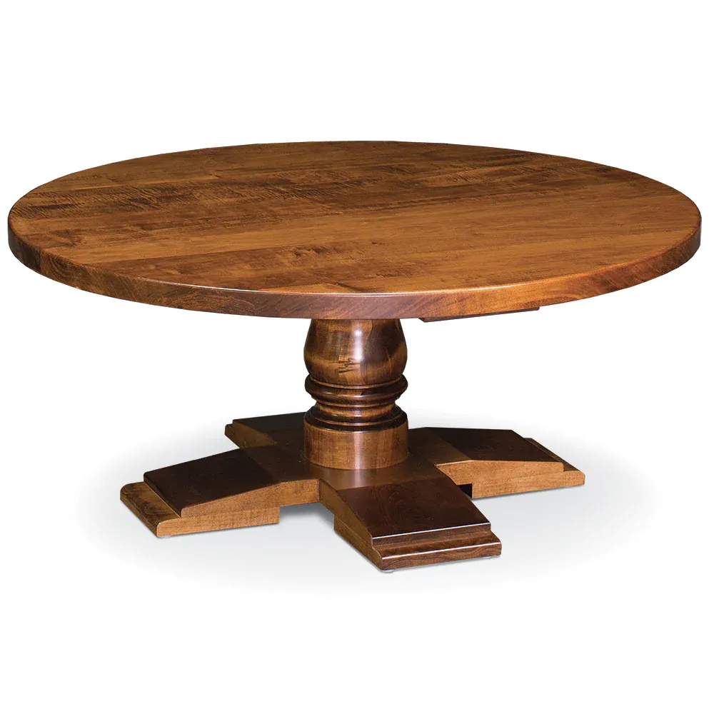 A round wooden table with a pedestal base on a white background.