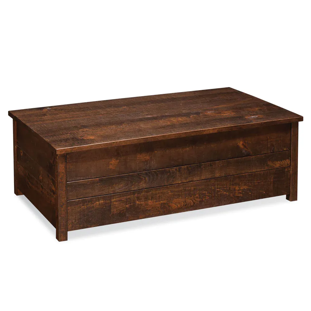 A wooden coffee table with a drawer underneath it on a white background.