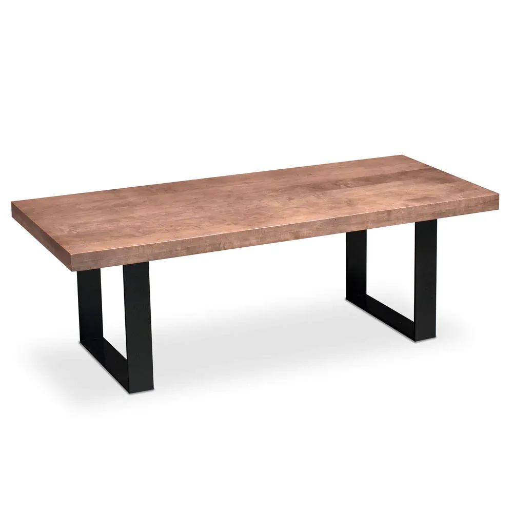 A wooden table with black legs on a white background.