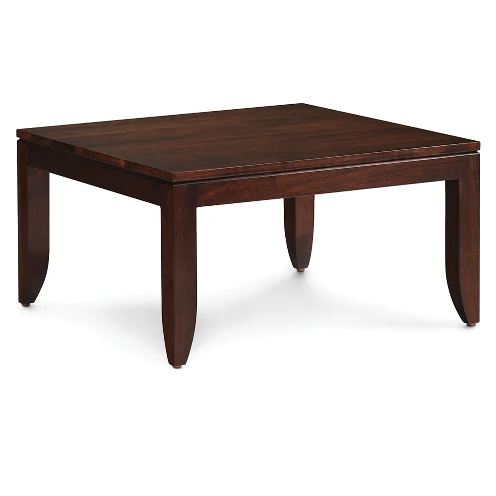 A square wooden coffee table with four legs on a white background.