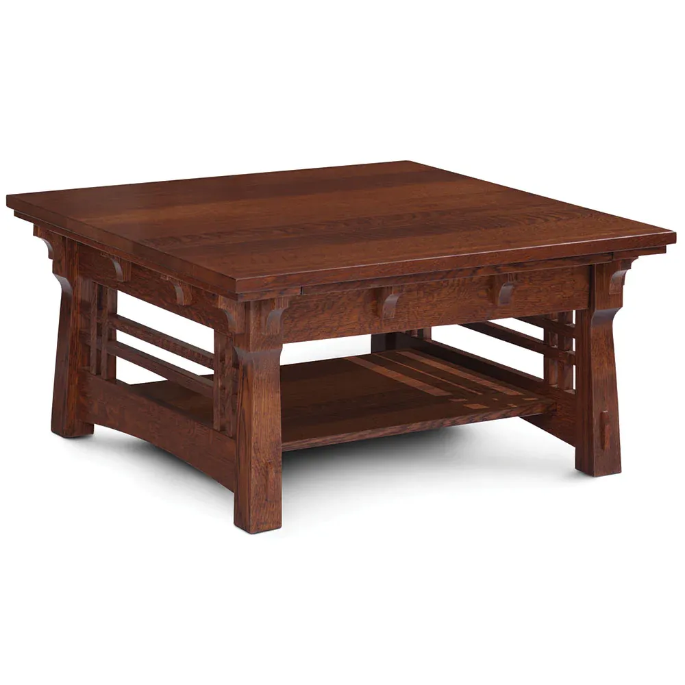 A wooden coffee table with a drawer underneath it