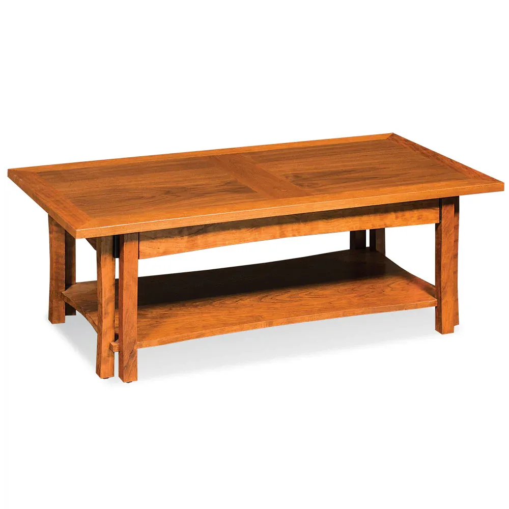 A wooden coffee table with a shelf underneath it