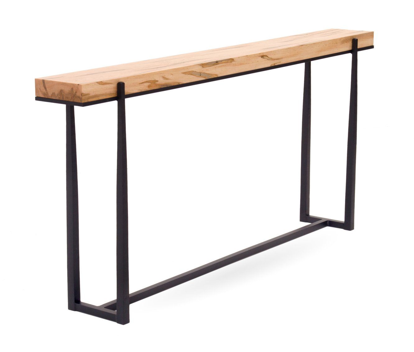 A long wooden table with a metal frame on a white background.