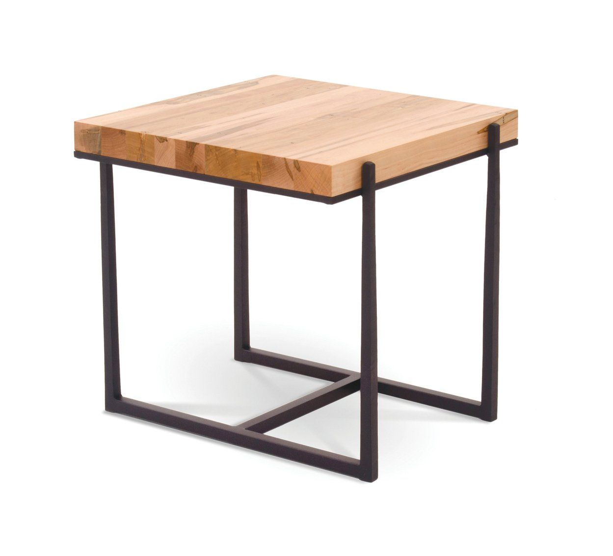 A small wooden table with a metal frame on a white background.