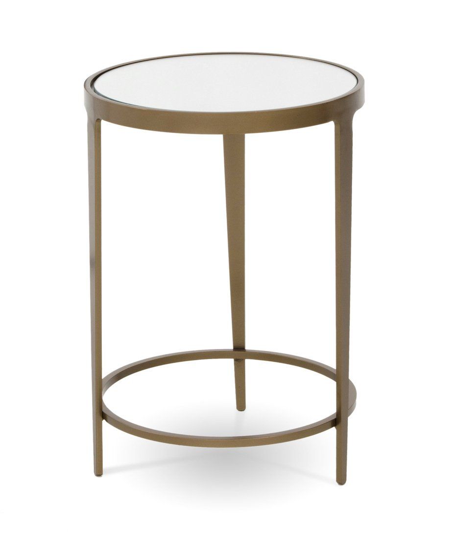 A small round table with a white top on a white background.