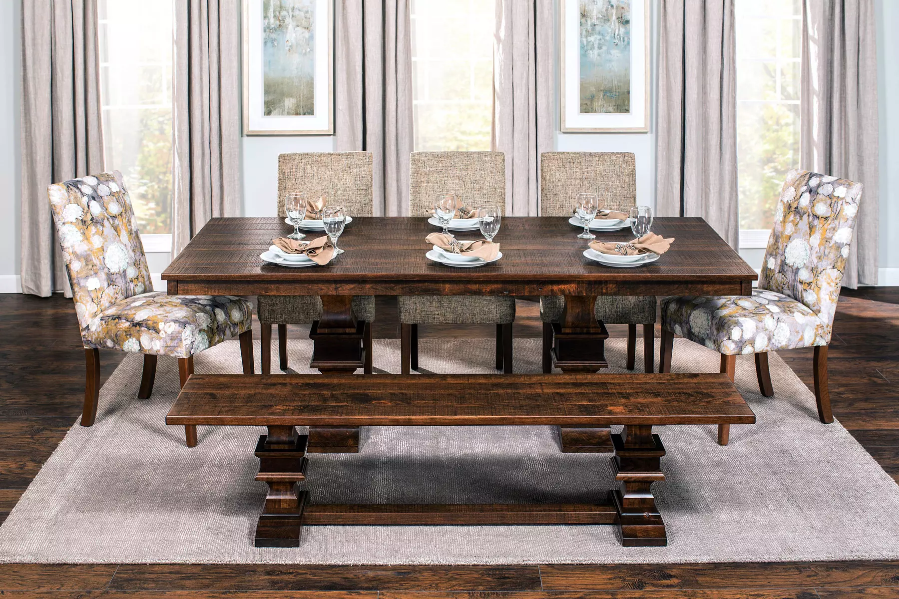 A dining room with a wooden table and chairs and a bench.