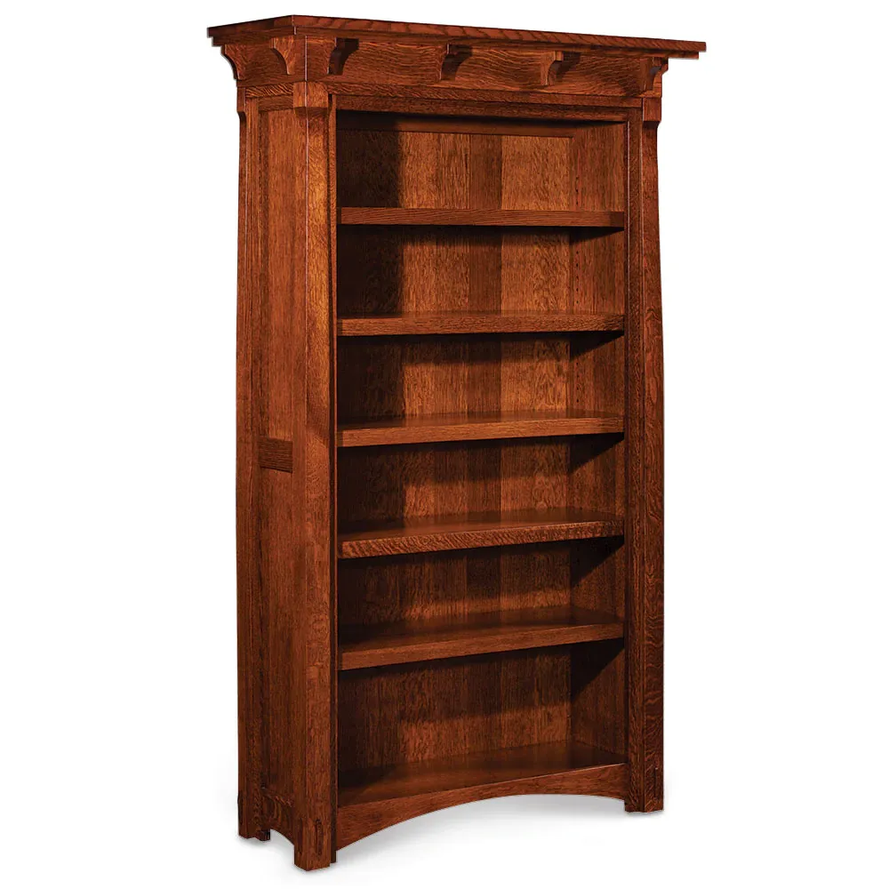 A tall wooden bookcase with a white background