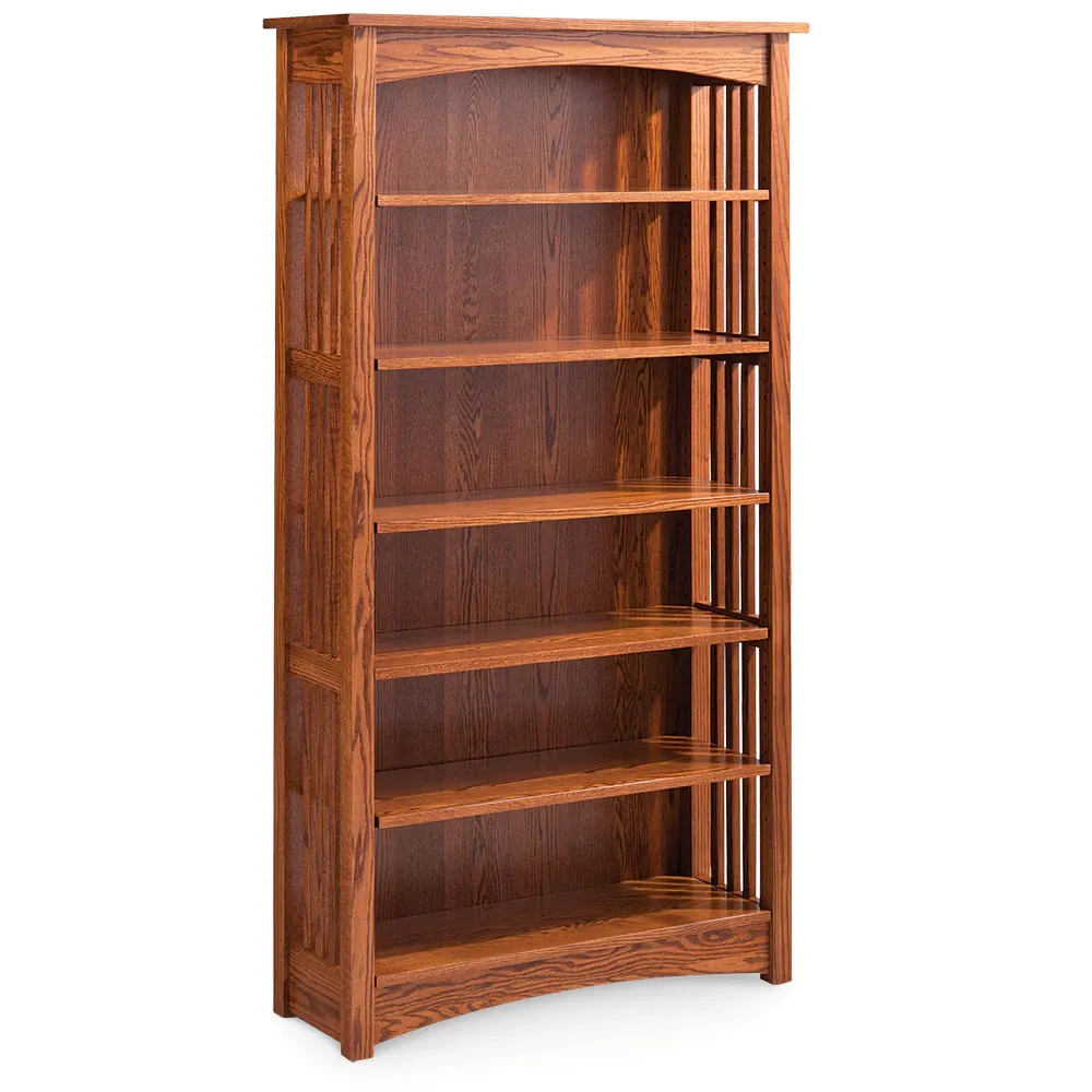 A wooden bookshelf with five shelves on a white background