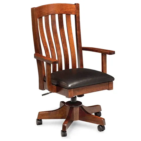 A wooden office chair with wheels on a white background