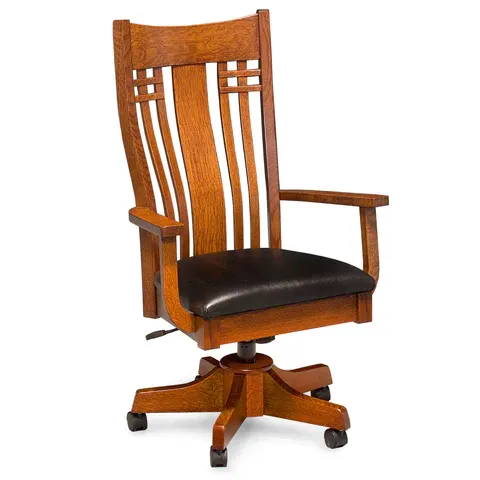 A wooden office chair with wheels on a white background