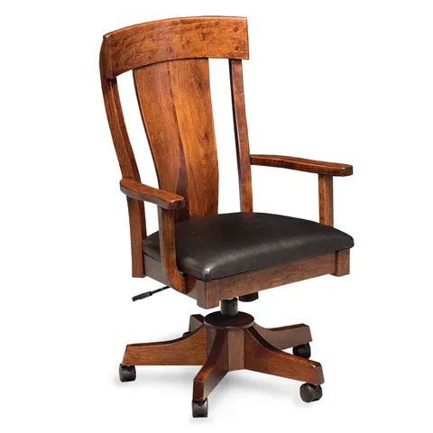 A wooden office chair with wheels on a white background