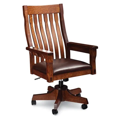 A wooden office chair with wheels on a white background