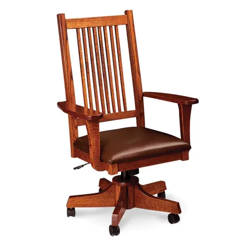 A wooden office chair with wheels on a white background