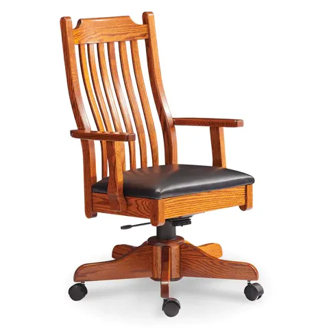 A wooden office chair with wheels on a white background.