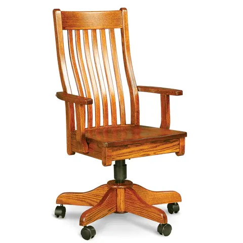 A wooden office chair with wheels on a white background