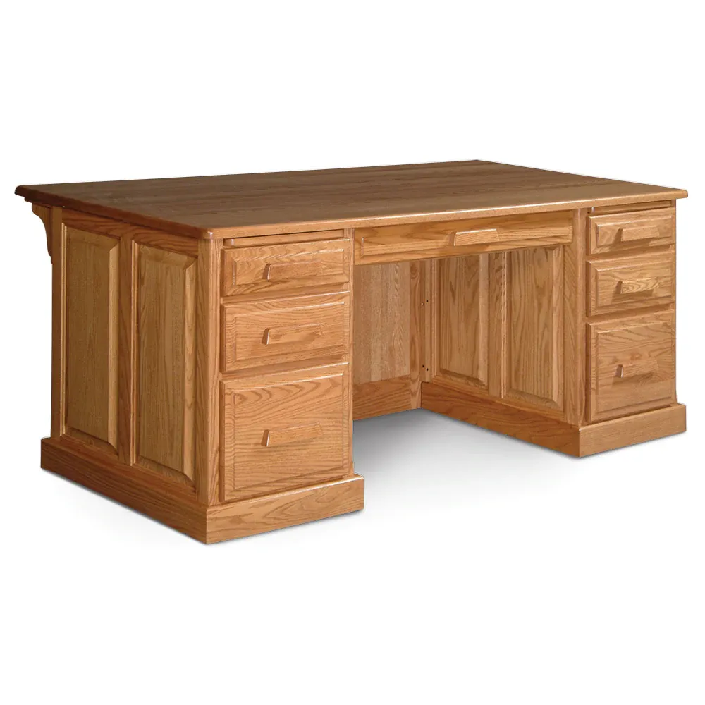 A wooden desk with drawers and cabinets on a white background