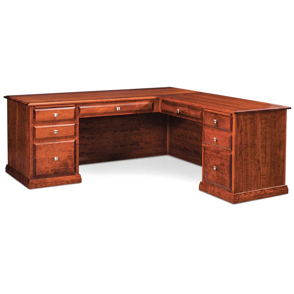 A wooden desk with drawers on a white background