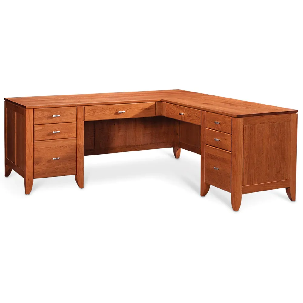A wooden desk with drawers and a filing cabinet on a white background.