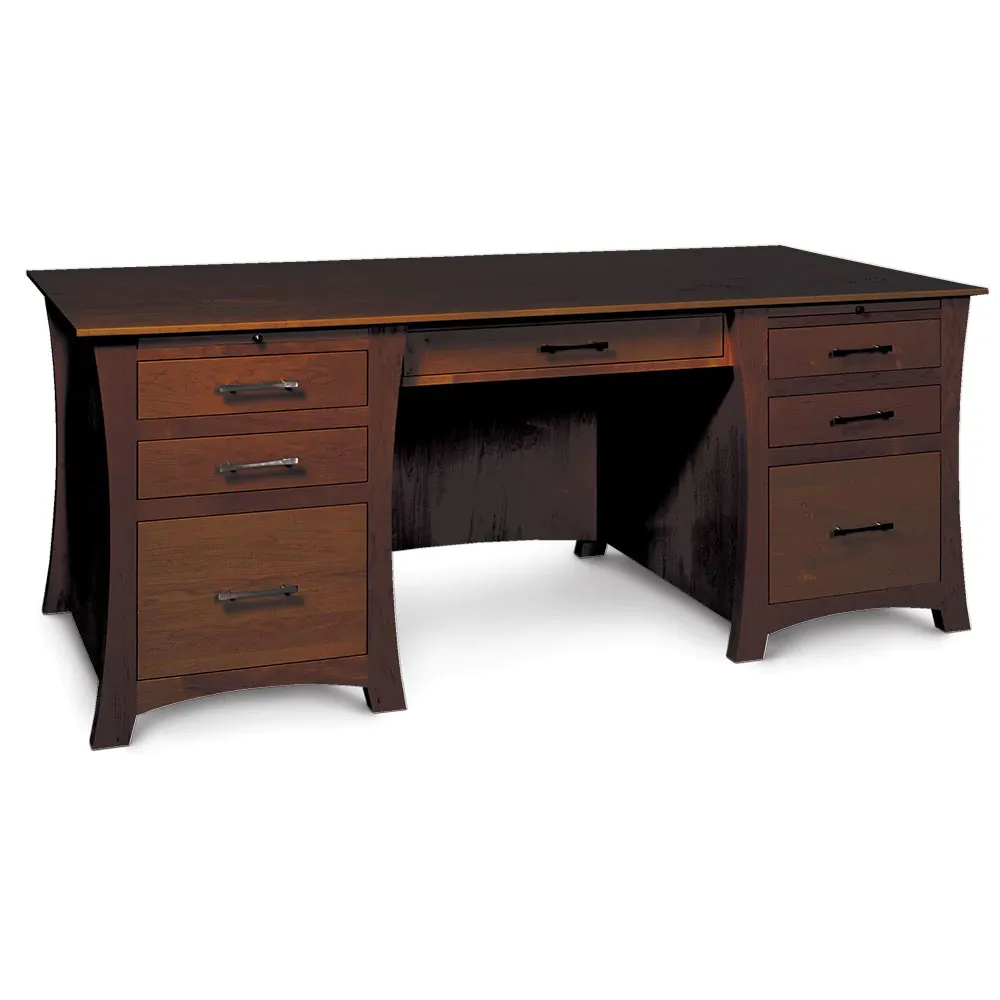 A wooden desk with drawers on a white background