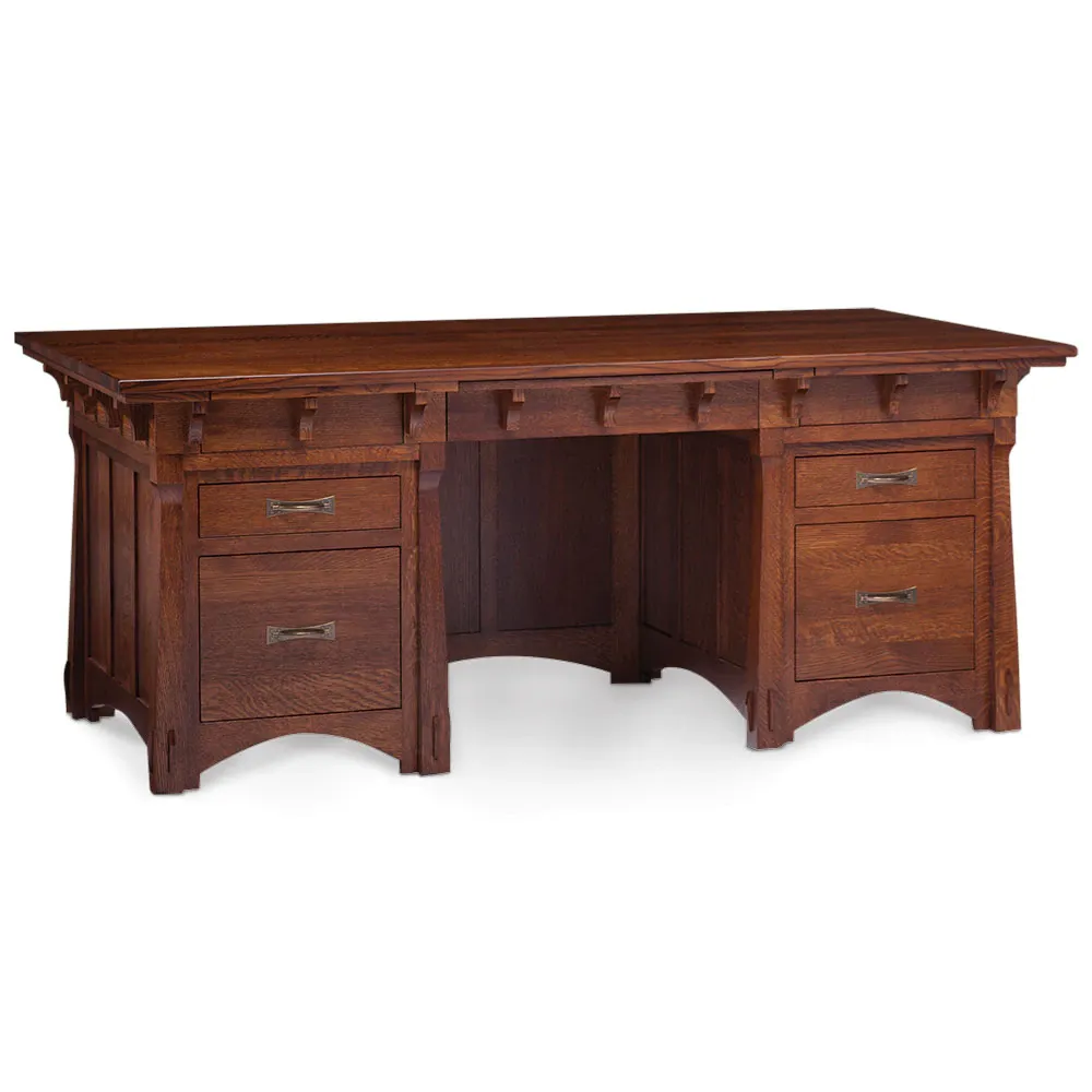 A wooden desk with drawers on a white background