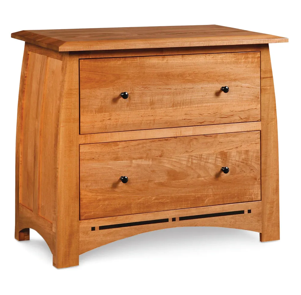 A small wooden dresser with two drawers on a white background
