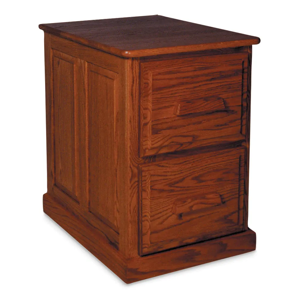 A wooden filing cabinet with two drawers on a white background