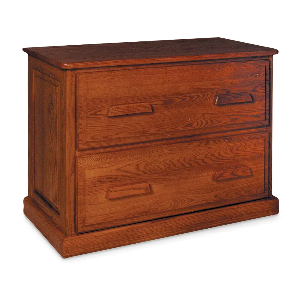 A wooden filing cabinet with two drawers on a white background