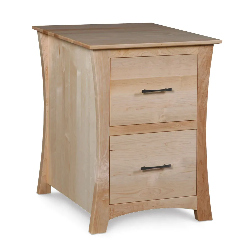A wooden filing cabinet with two drawers on a white background