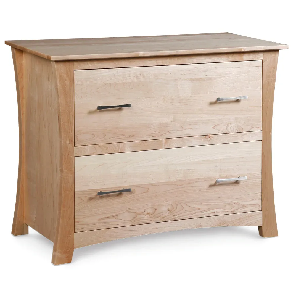 A wooden dresser with three drawers on a white background