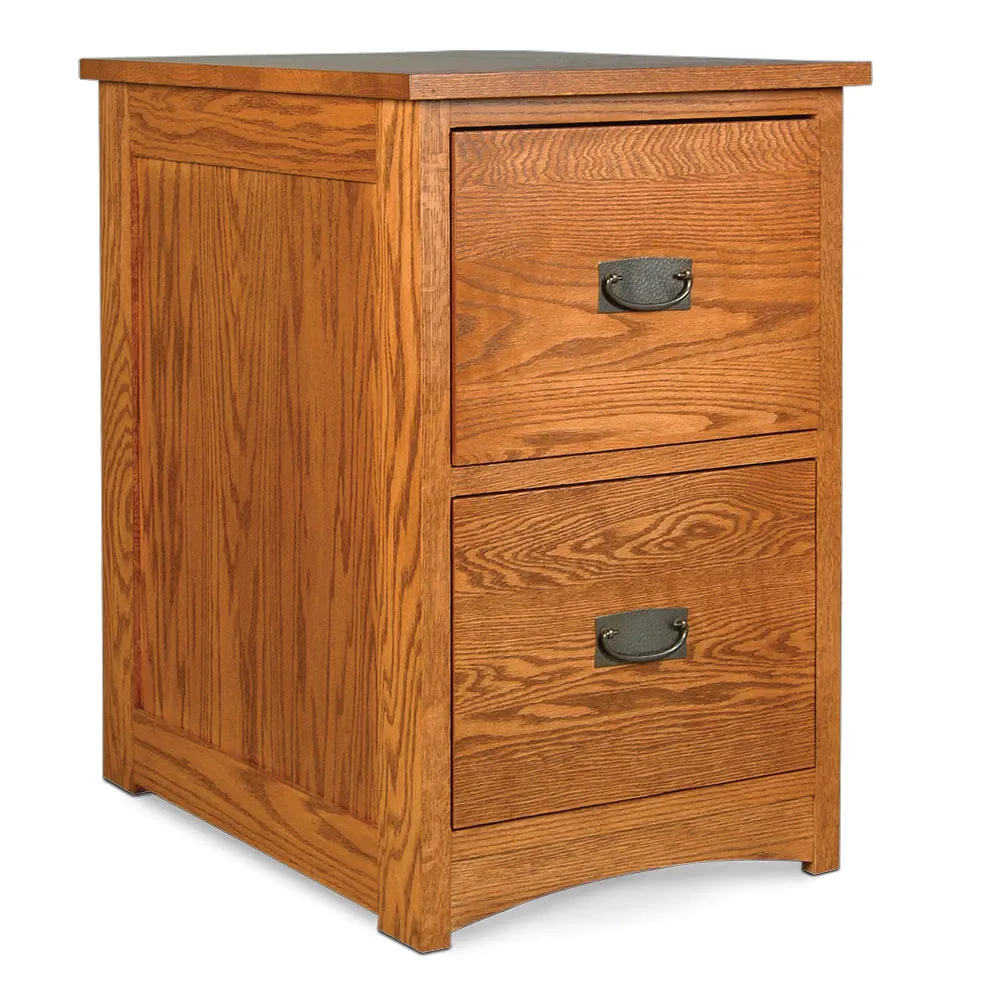 A wooden filing cabinet with two drawers on a white background